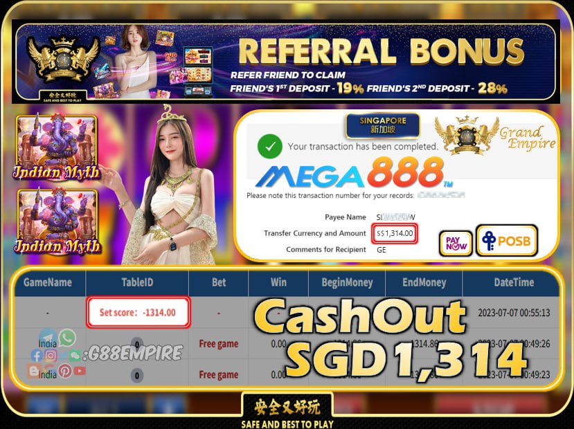 MEGA888 ~ INDIA CASHOUT SGD1314 !!!