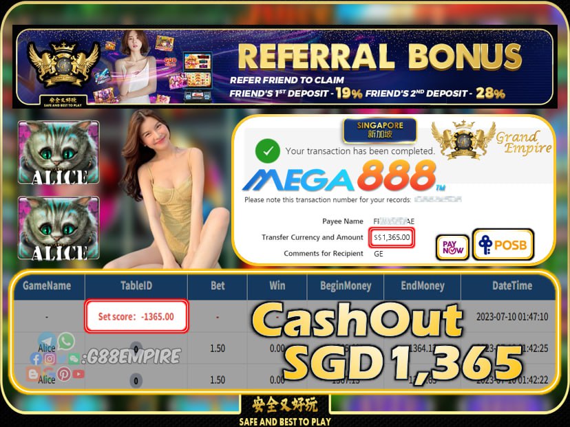 MEGA888 - ALICE CASHOUT SGD1365 !!!