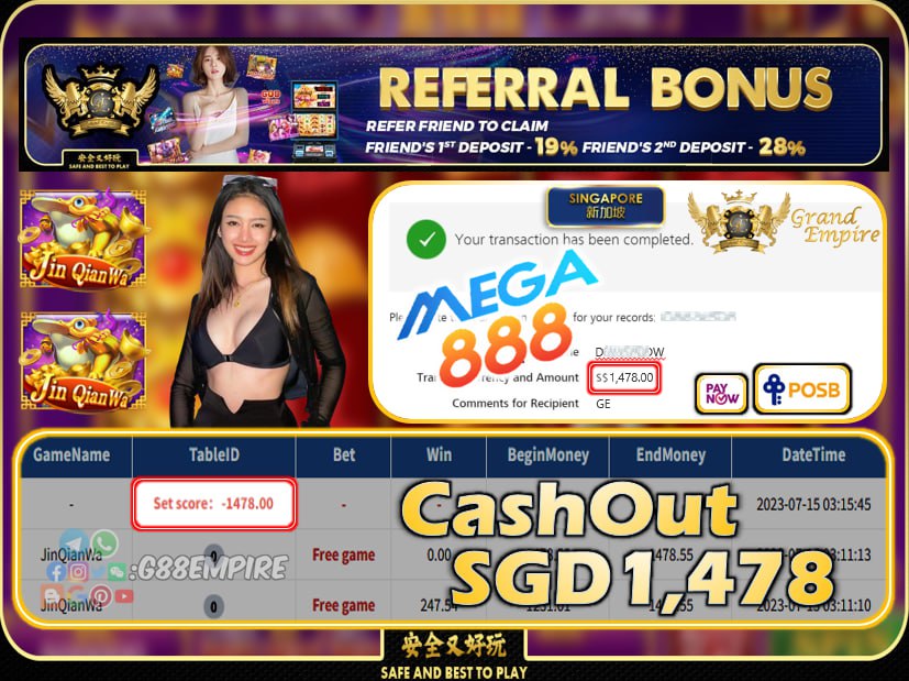 MEGA888 - JINQIANWA CASHOUT SGD1478!!!