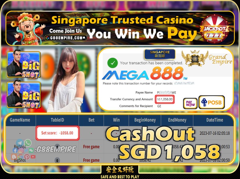 MEGA888 - BIGSHOT CASHOUT SGD1058!!!