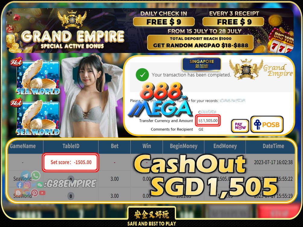 MEGA888 - SEAWORLD CASHOUT SGD1505 !!!