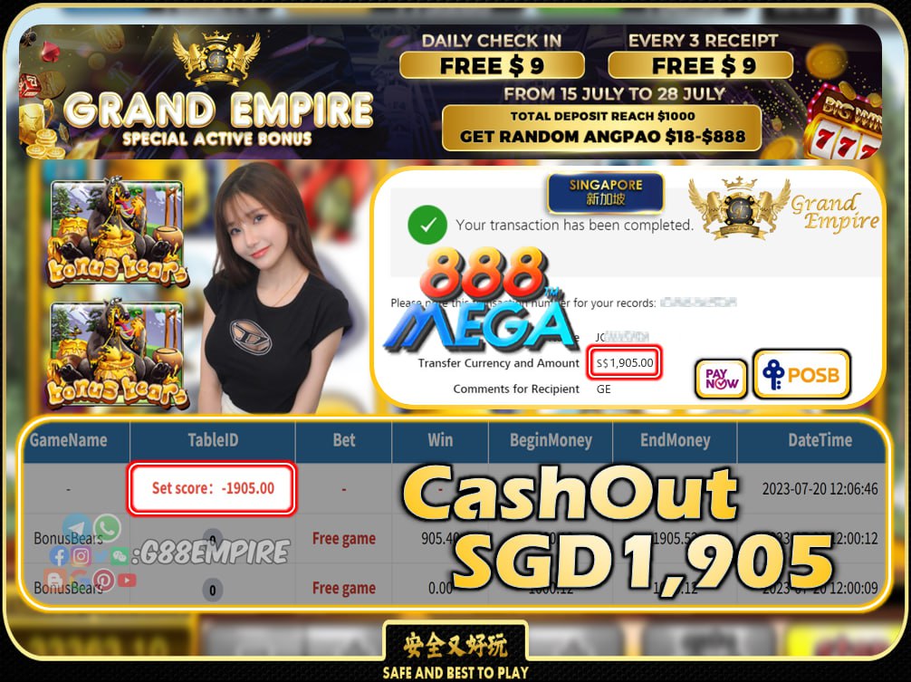 MEGA888 - BONUSBEARS CASHOUT SGD1905 !!!