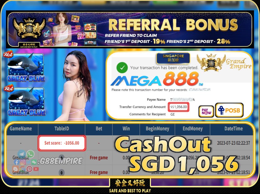 MEGA888 - GREATBLUE CASHOUT SGD1056 !!!