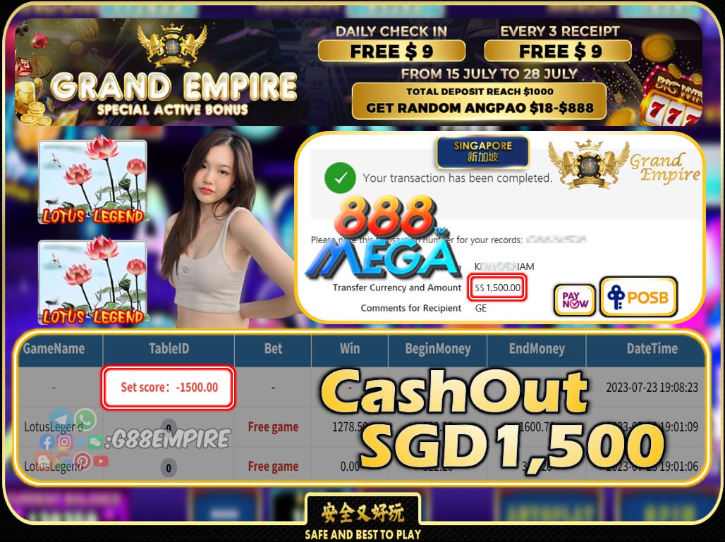 MEGA888 - LOTUSLEGEND CASHOUT SGD1500 !!!