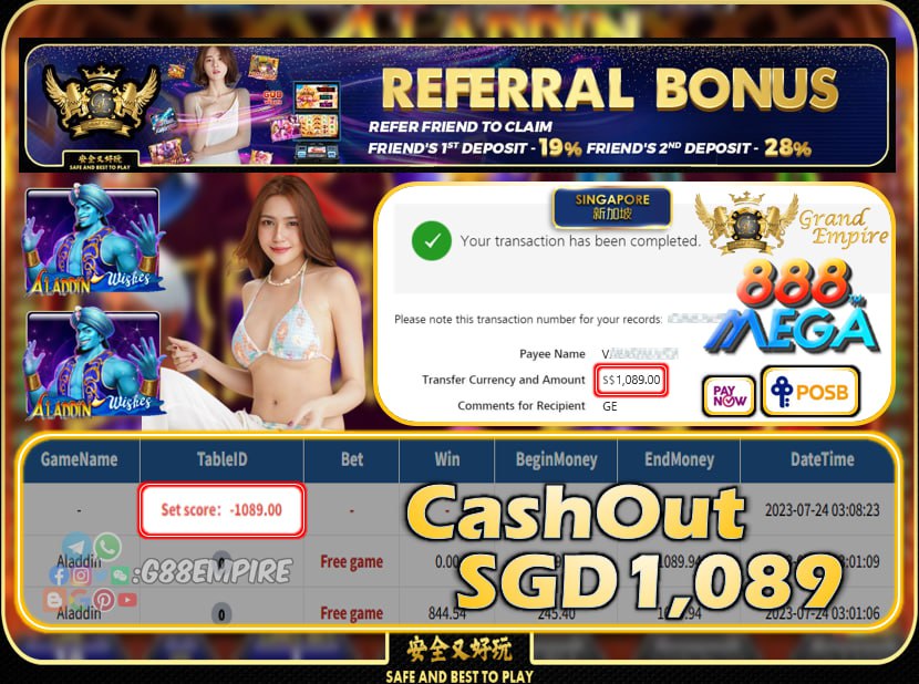 MEGA888  - ALADDIN CASHOUT SGD1089 !!!