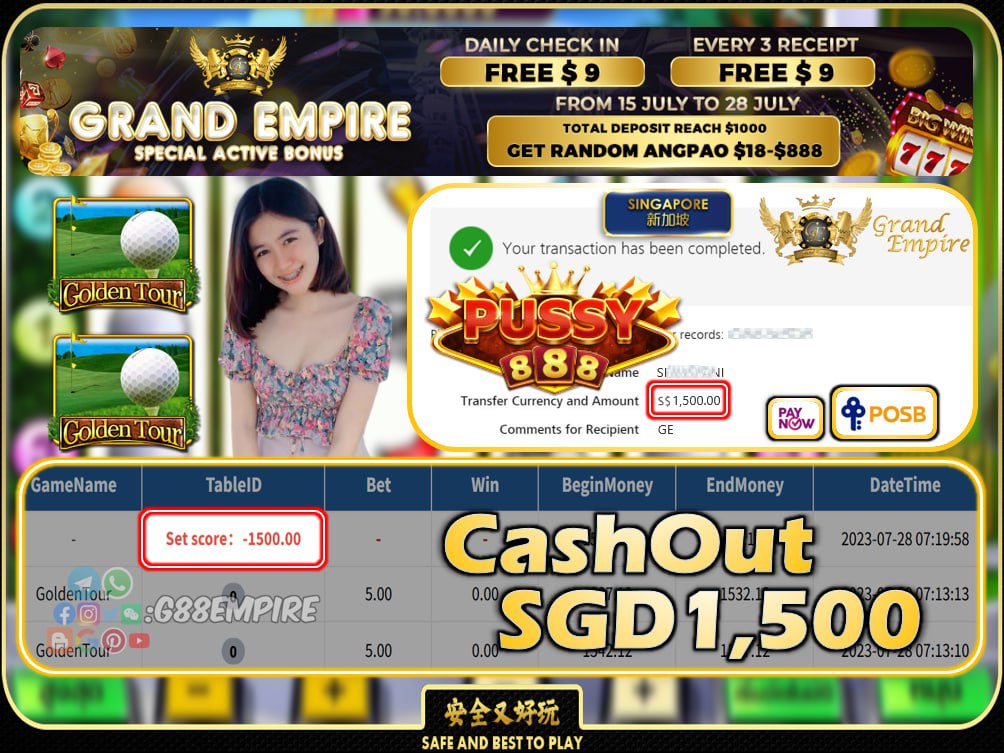 PUSSY888  - GOLDENTOUR CASHOUT SGD1500 !!!