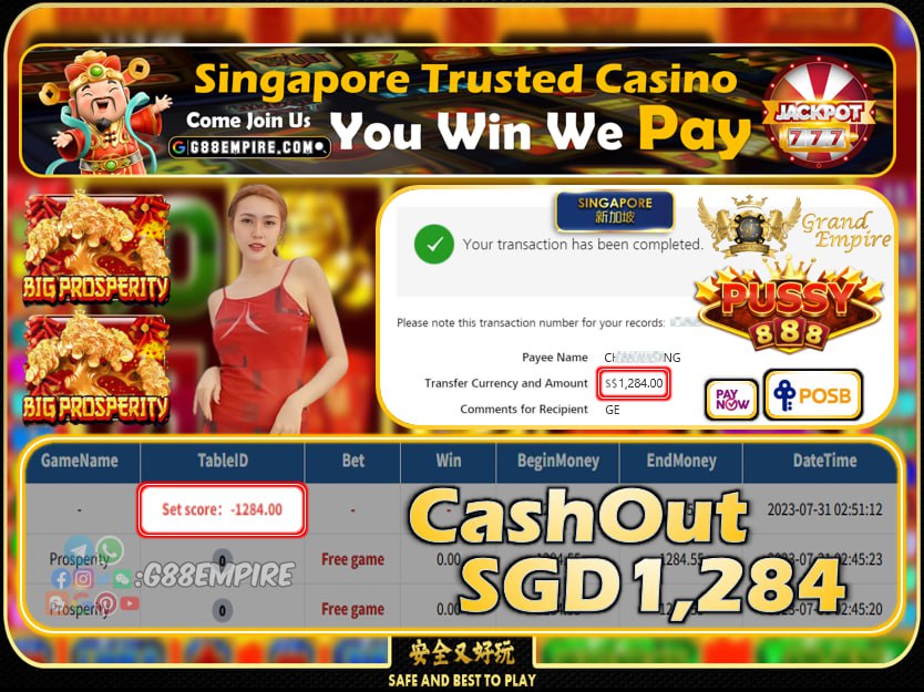 PUSSY888  - PROSPERITY CASHOUT SGD1284. !!!