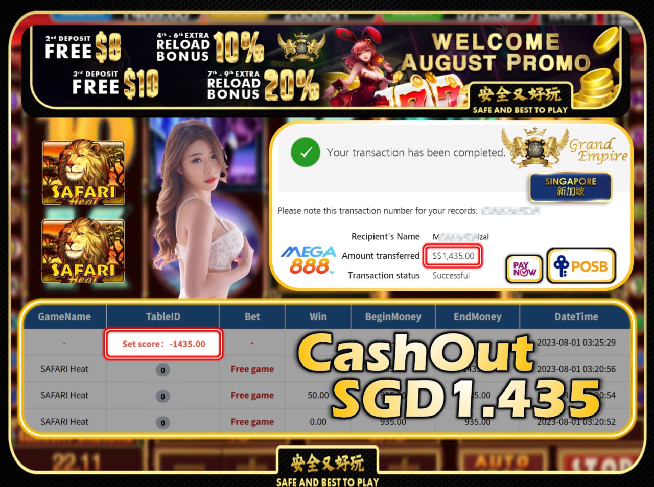 MEGA888 - SAFARI HEAT CASHOUT SGD1435 !!!