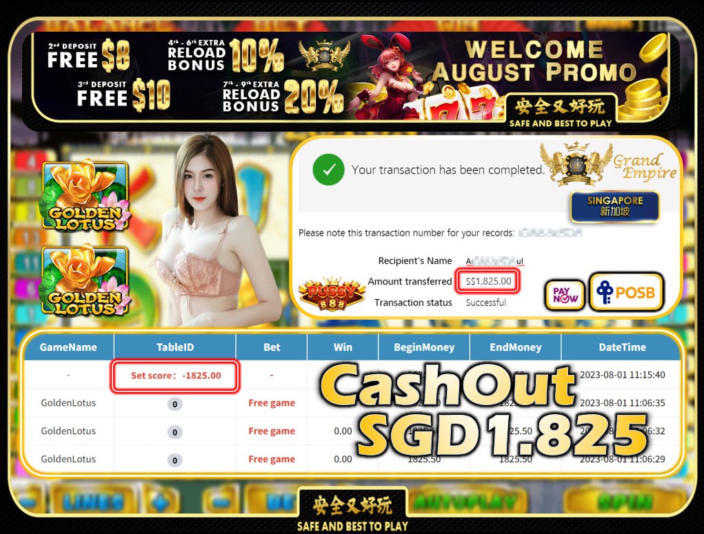 PUSSY888 - GOLDEN LOTUS CASHOUT SGD1825 !!!