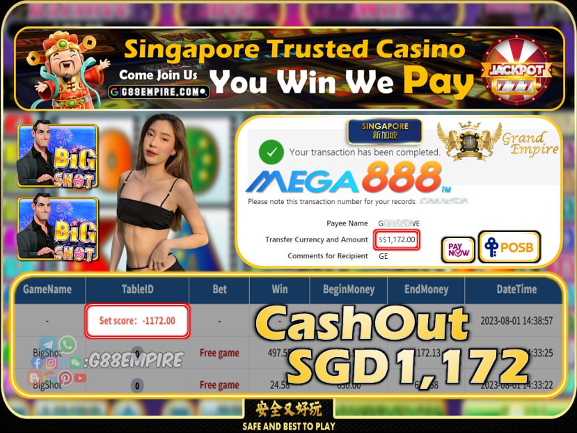 MEGA888 - BIGSHOT CASHOUT SGD1172 !!!