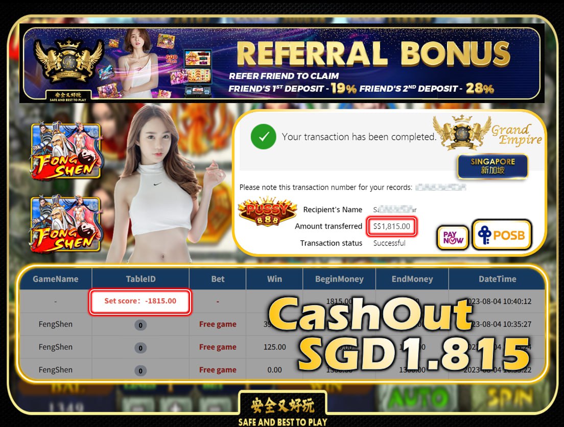 PUSSY888 - FONG SHEN  CASHOUT SGD1815 !!!