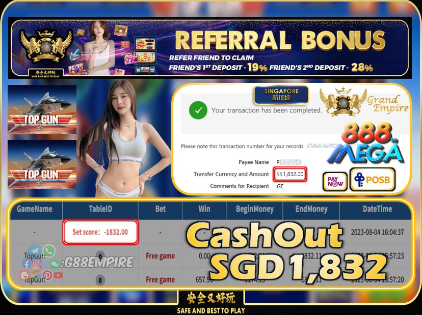 MEGA888 - TOPGUN  CASHOUT SGD1832 !!!