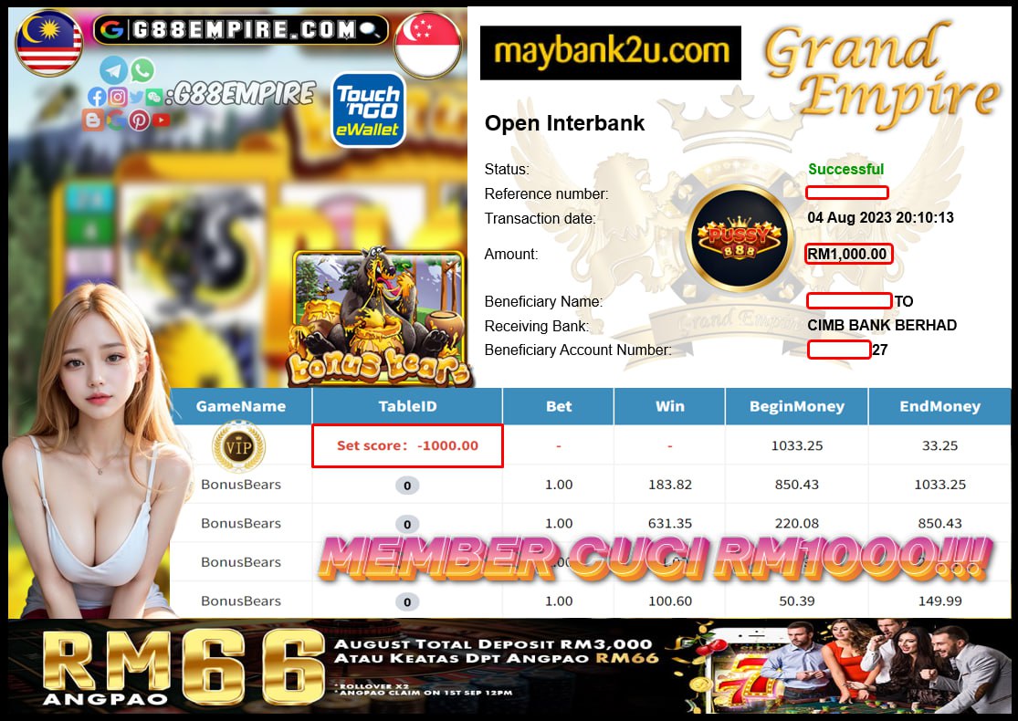 PUSSY888 BONUSBEARS CUCI RM1000!!!