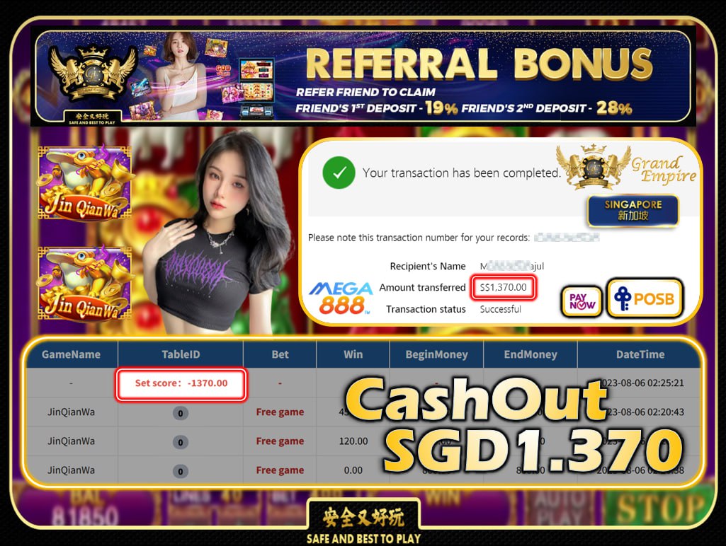 MEGA888 - JINQIANWA  CASHOUT SGD1370 !!!