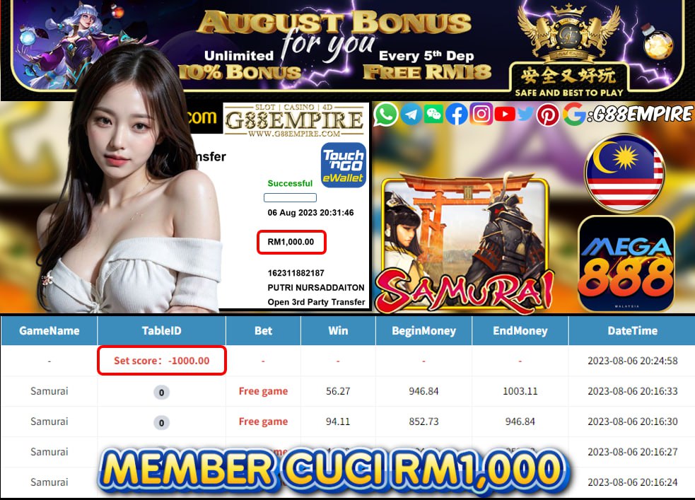 MEGA888 SAMURAI CUCI RM1,000