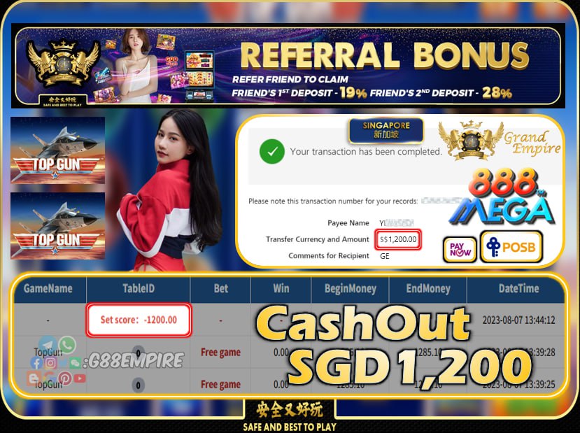 MEGA888 - TOPGUN  CASHOUT SGD1200 !!!