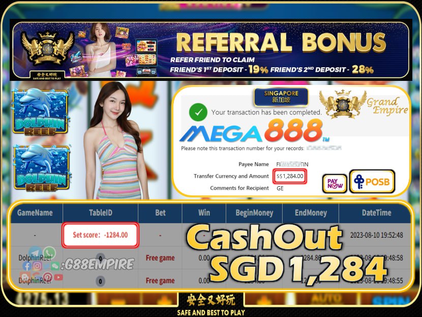 MEGA888 - DOLPHINREEF  CASHOUT SGD1284 !!!