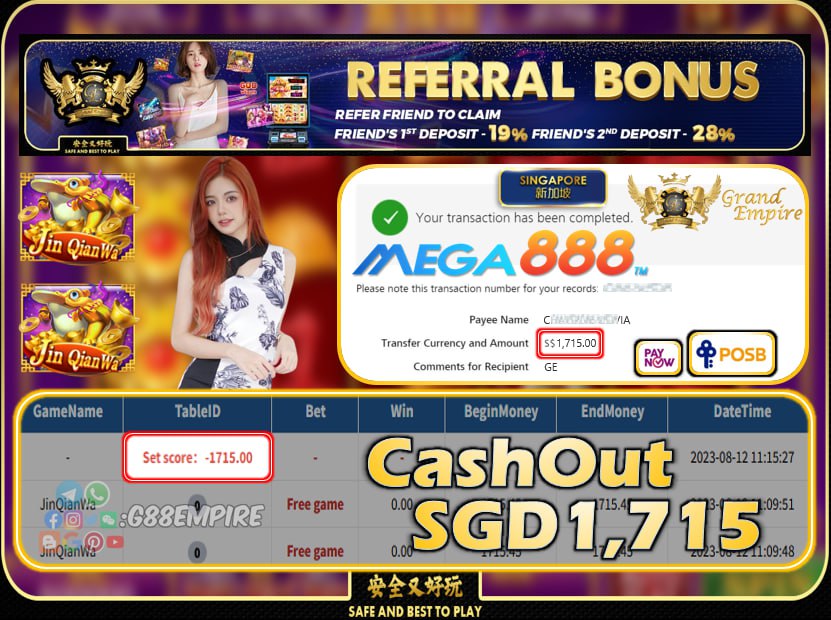 MEGA888- JINQIANWA CASHOUT SGD 1715 !!