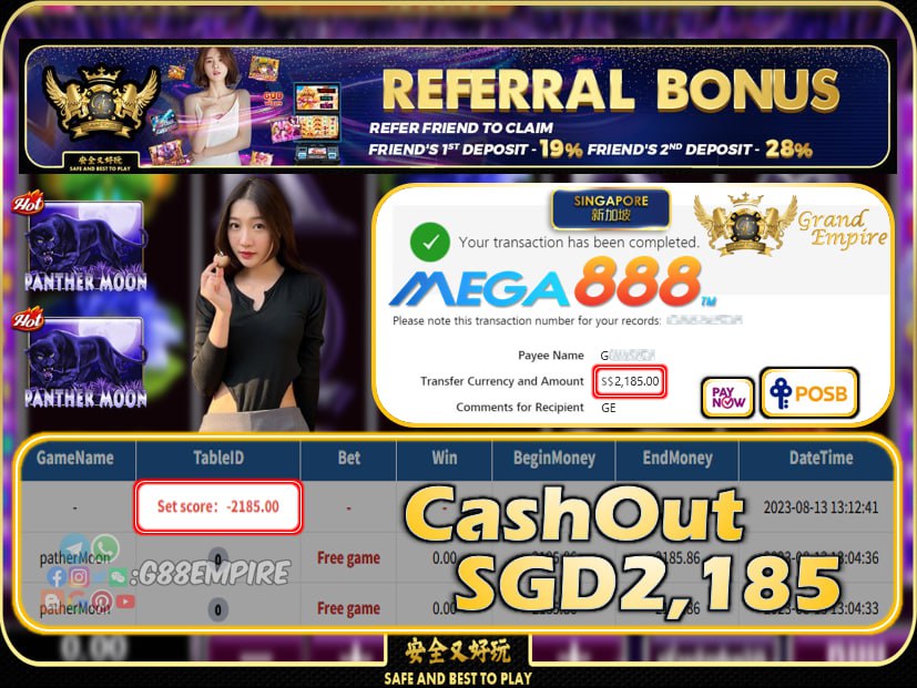 MEGA888 - PANTHERMOON CASHOUT SGD 2185 !!!