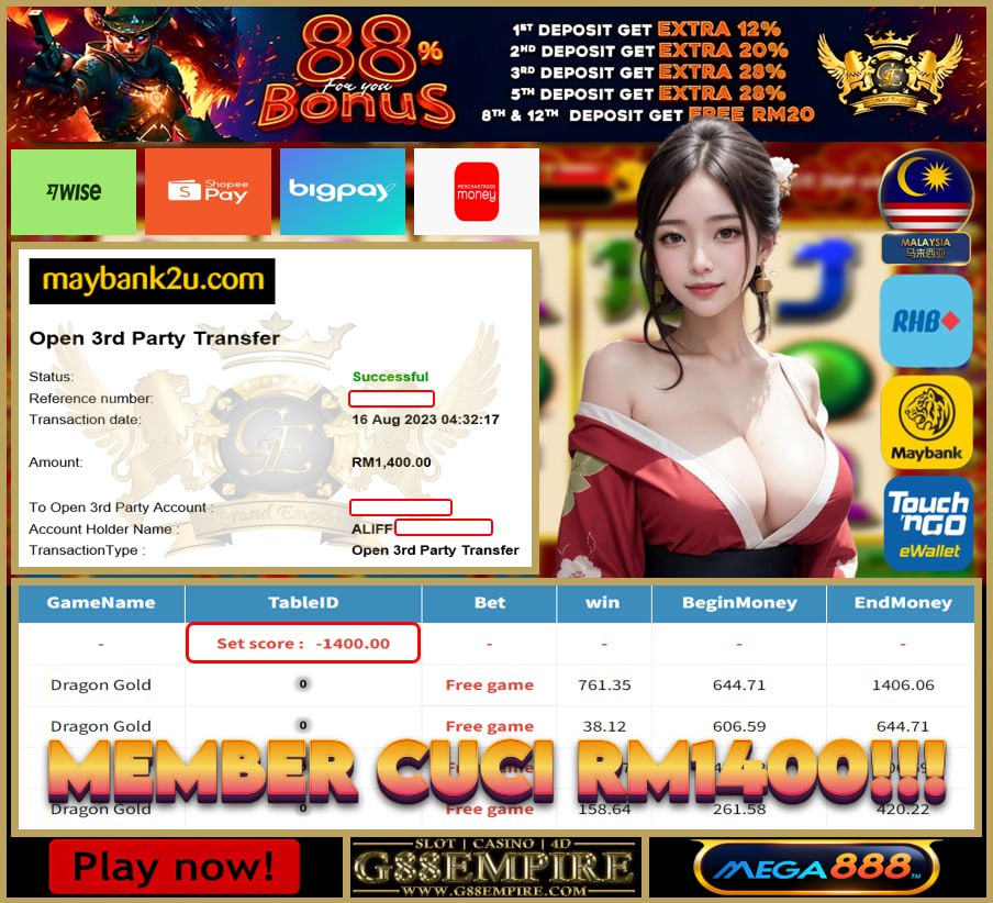 MEGA888 DRAGON GOLD CUCI RM1400!!!