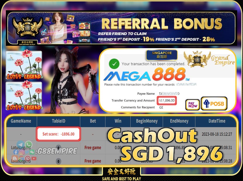 MEGA888 - LOTUSLEGEND CASHOUT 1896!!