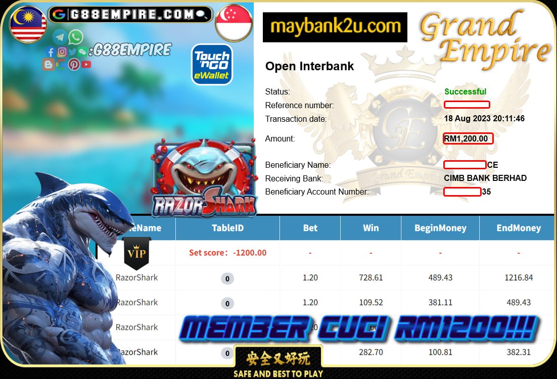 MEGA888 RAZORSHARK CUCI RM1200!!!