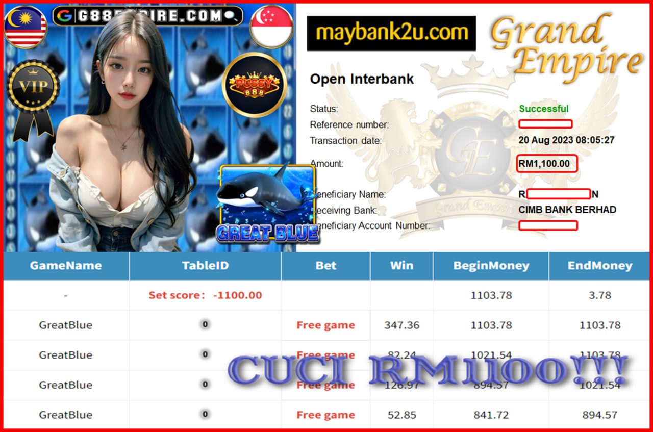 PUSSY888 GREATBLUE CUCI RM1,100