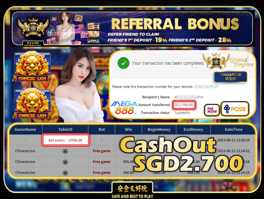 MEGA888 - CHINESE LION CASHOUT 2700 !!