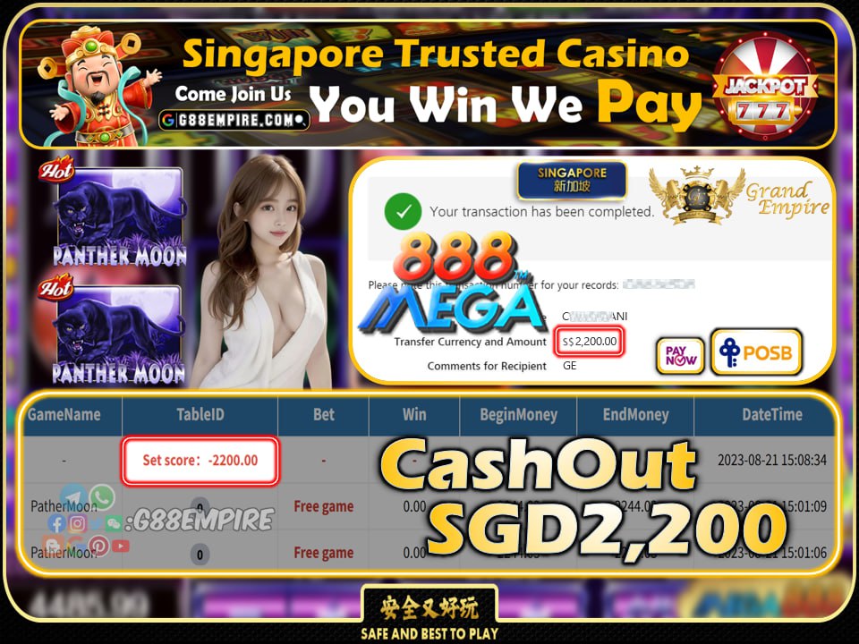 MEGA888 - PANTHERMOON CASHOUT SGD2200 !!!