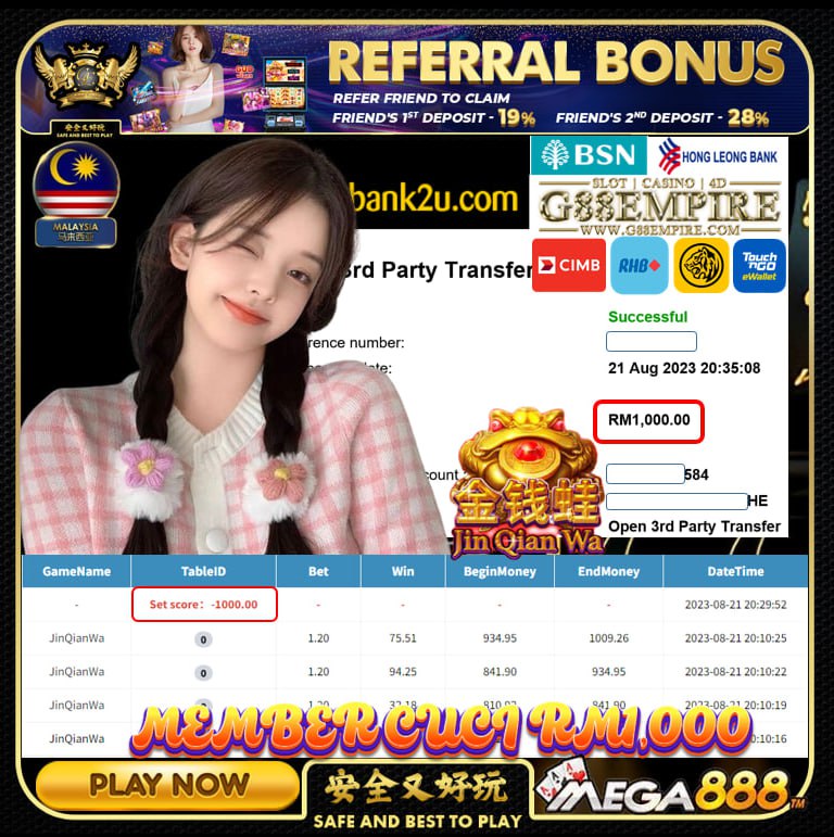 MEGA888 JINQIANWA CUCI RM1,000