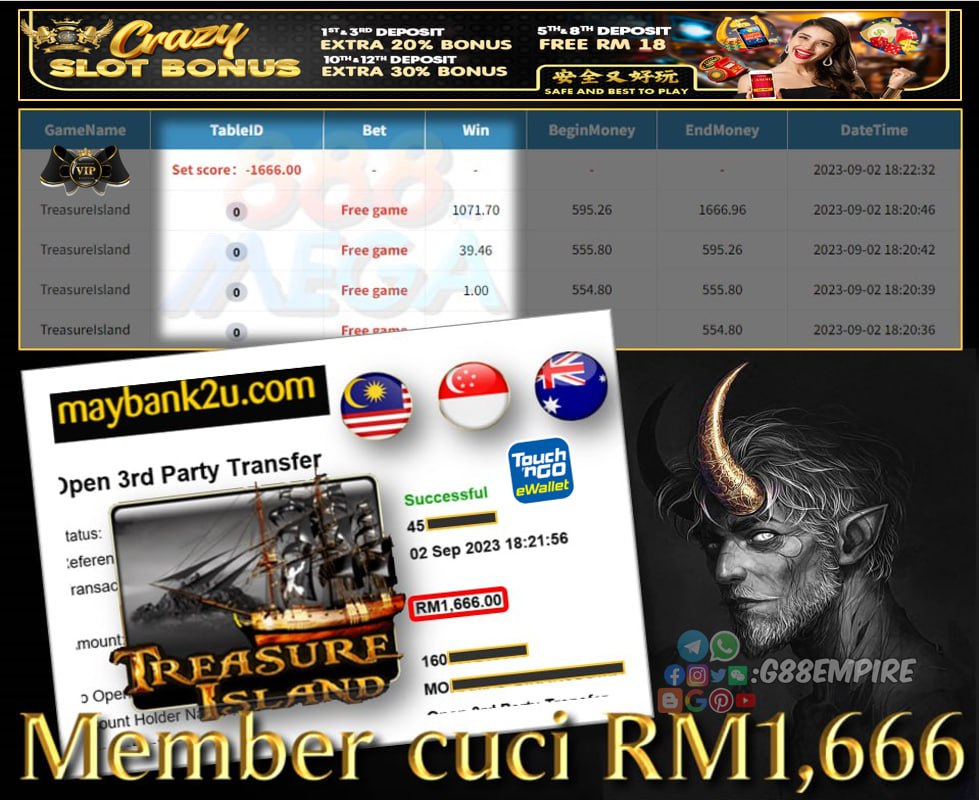 MEGA888 TREASURE ISLAND CUCI RM1,666!!!