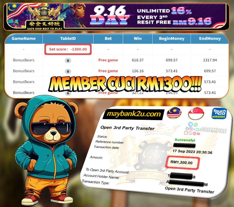 MEGA888 BONUSBEARS CUCI RM1300!!!