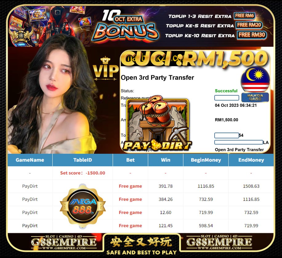 MEGA888 PAYDIRT CUCI RM1,500!!!