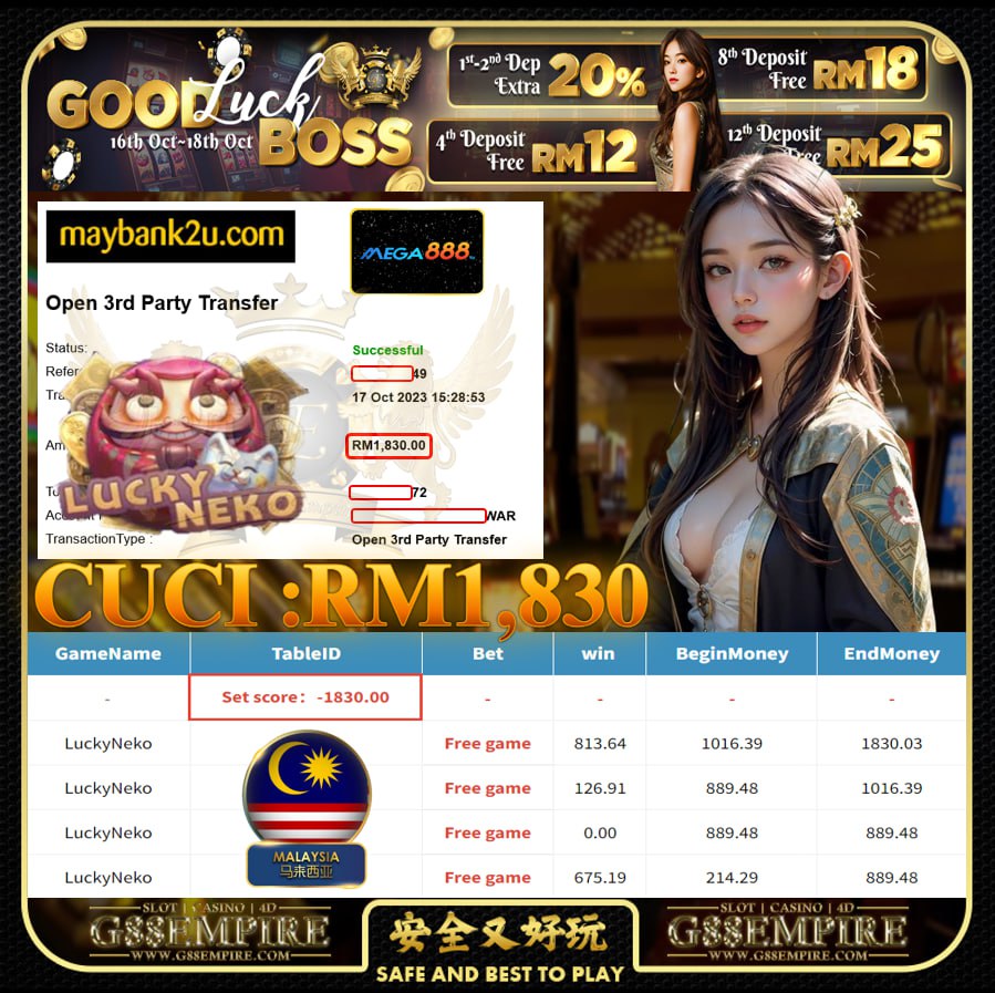 MEGA888 LUCKYNEKO CUCI RM1,830!!!