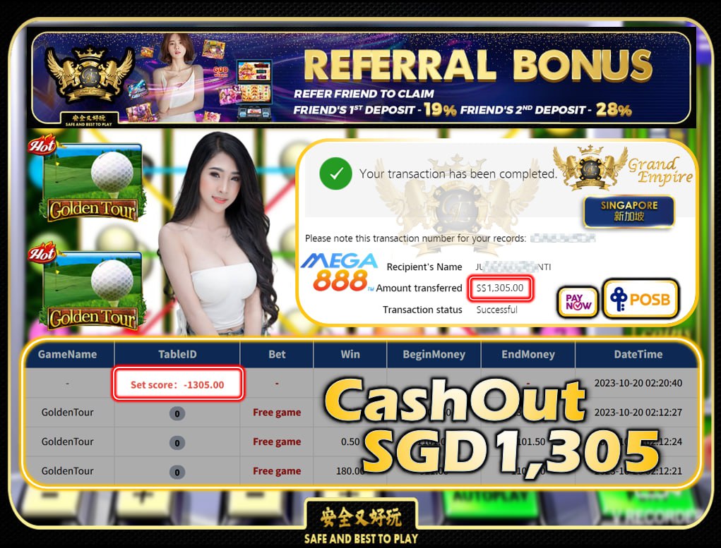 MEGA888 - GOLDEN TOUR - CASHOUT 1305 !!