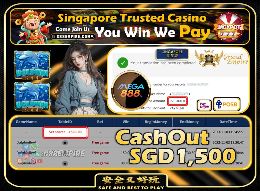 MEGA888 - DOLHPNI REEF CASHOUT 1500 !!