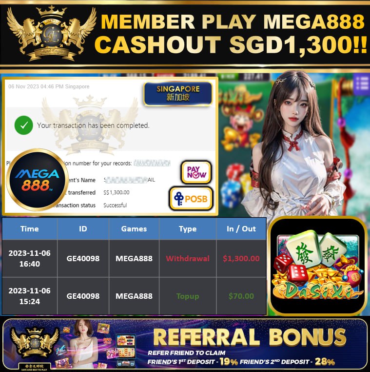 MEGA888 - DA SI XI CASHOUT SGD1300 !!!