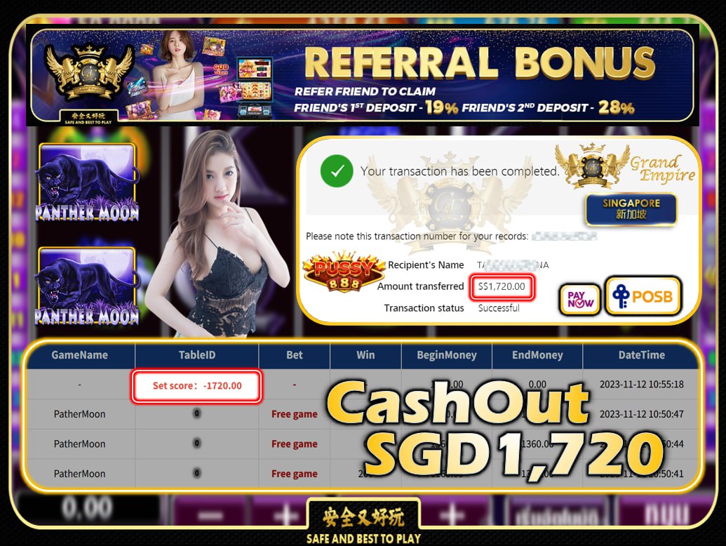 PUSSY888 - PANTHER MOON CASHOUT SGD1720 !!!