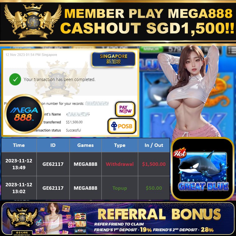 MEGA888 - GREAT BLUE CASHOUT SGD1500 !!!