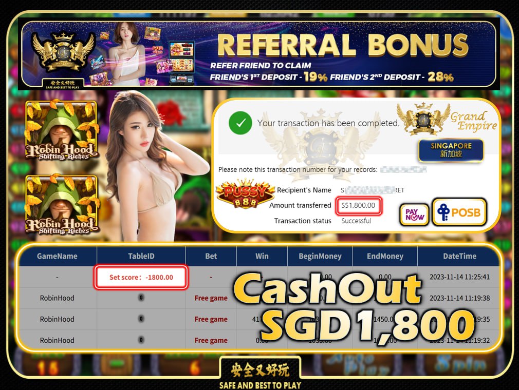 PUSSY888 - ROBIN HOOD CASHOUT SGD1800 !!!