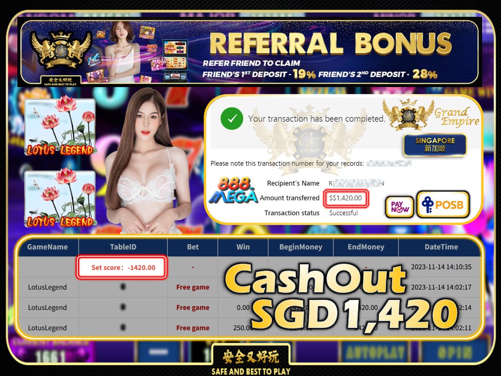 MEGA888 - LOTUS LEGEND CASHOUT SGD1420 !!!