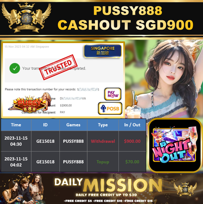 PUSSY888 - A NIGHT OUT CASHOUT SGD900 !!!