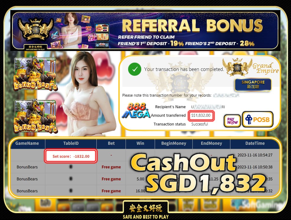 MEGA888 - BONUS BEARS CASHOUT SGD1832 !!!