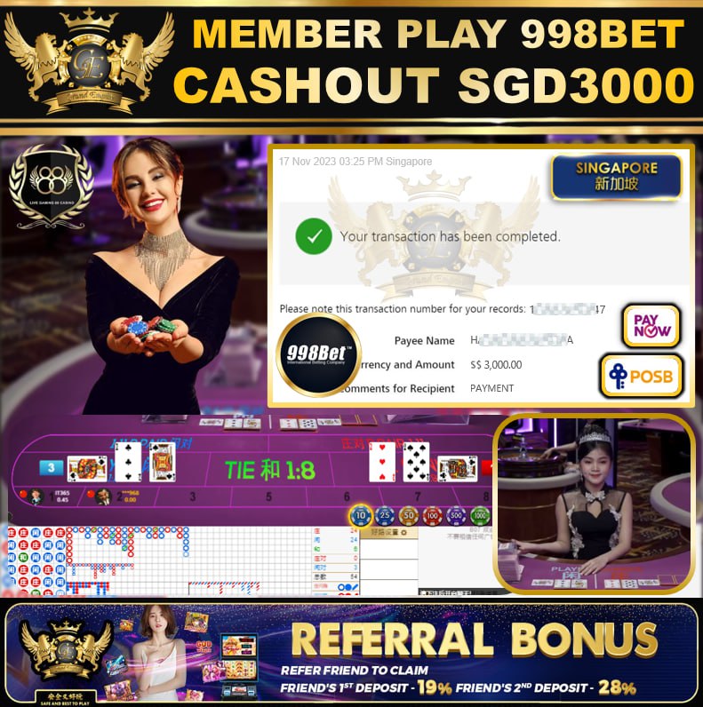 998BET  - BACCARAT CASHOUT SGD3000 !!!