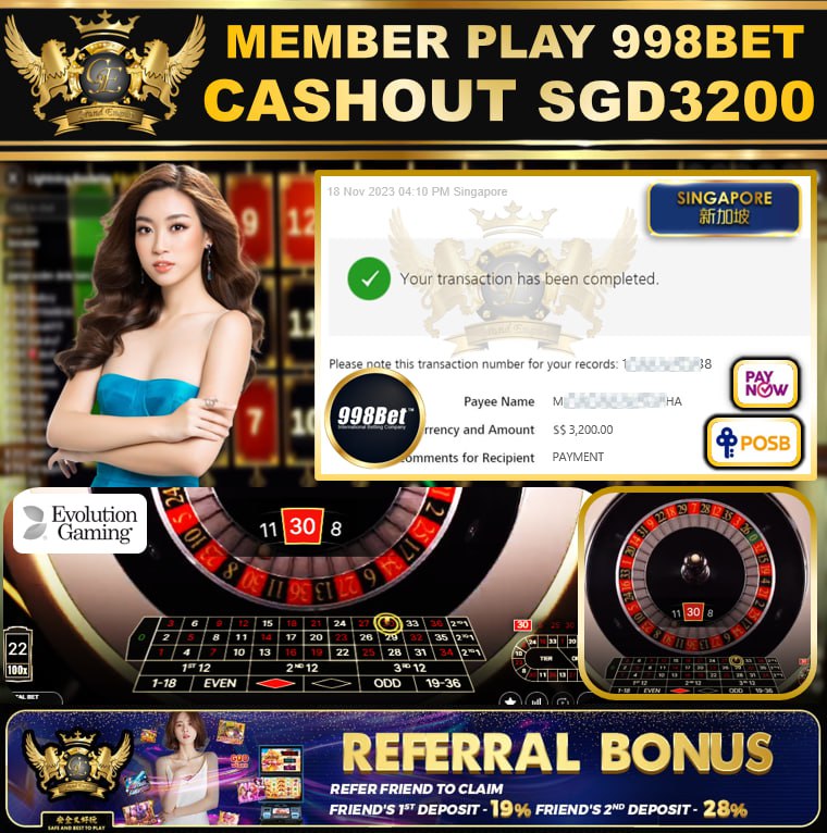 998BET -ROULETTE CASHOUT SGD3200 !!!