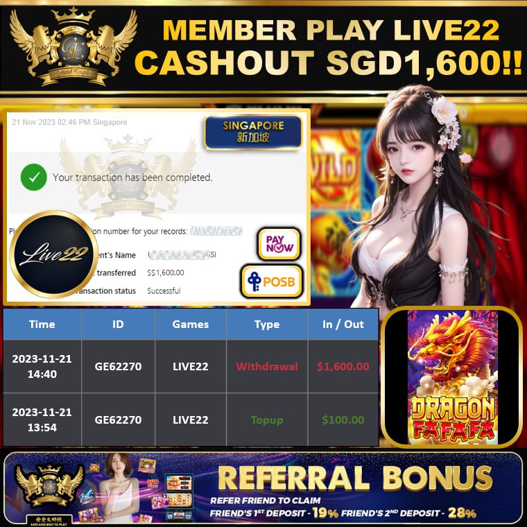 LIVE22 - DRAGON FAFAFA CASHOUT SGD1600 !!!