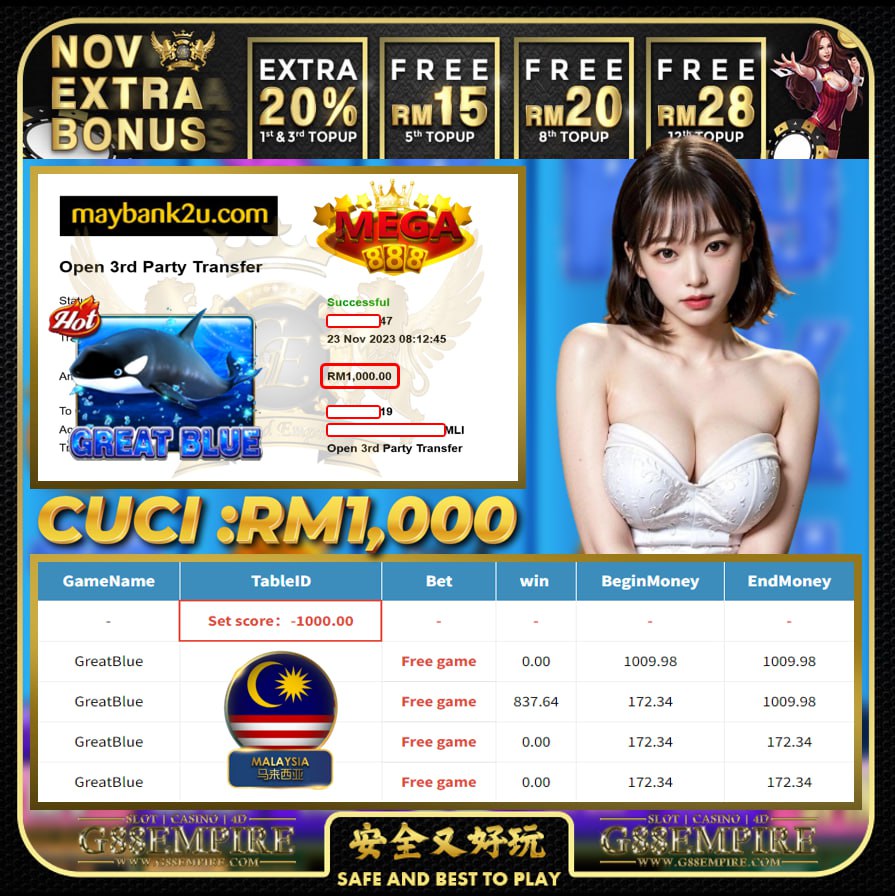 MEGA888 GREATBLUE CUCI RM1,000!!!