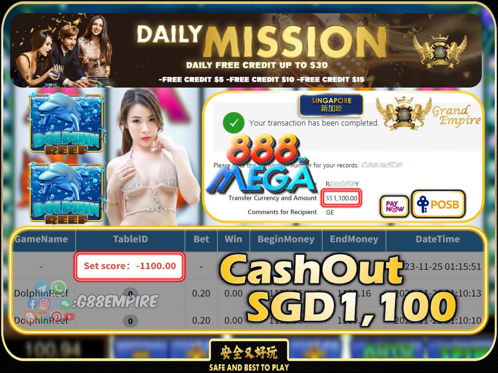 MEGA888 - DOLPHINREEF CASHOUT SGD1100 !!!