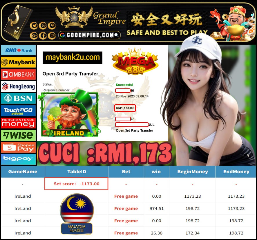 MEGA888 IRELAND CUCI RM1,173!!!