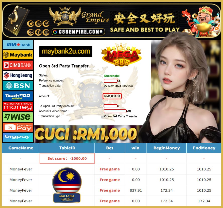 MEGA888 MONEYFEVER CUCI RM1,000!!!